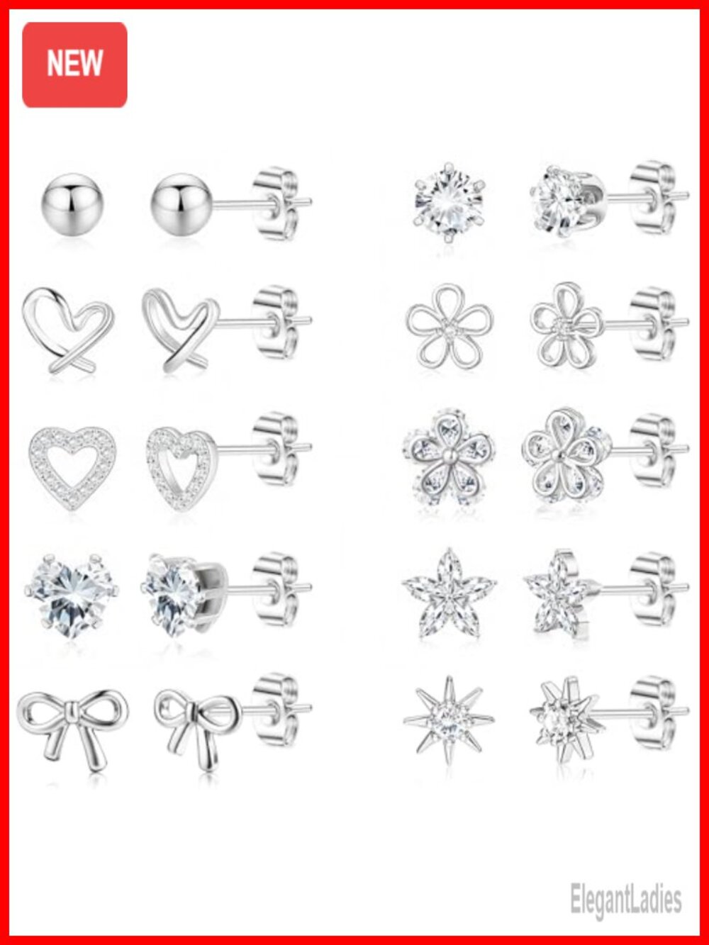 Hypoallergenic Surgical Steel Stud Earrings Set Cubic Zirconia 10 Pairs